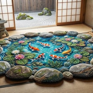 May include: A circular rug featuring a detailed print of a koi pond with vibrant orange, white, and yellow fish swimming among green lily pads and pink lotus flowers, all surrounded by a border of textured gray stones on a tan floor.