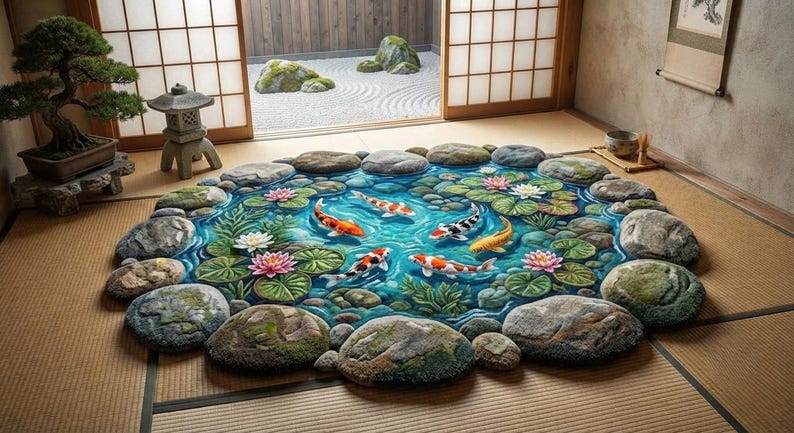 May include: A circular rug featuring a detailed print of a koi pond with vibrant orange, white, and yellow fish swimming among green lily pads and pink lotus flowers, all surrounded by a border of textured gray stones on a tan floor.