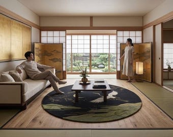 Hand Tufted Wool Crane Rug, Japanese Chinoiserie Circle Area Carpet