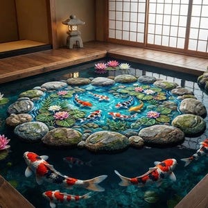 May include: An indoor koi pond featuring a central stone-lined circle filled with vibrant orange, white, and black koi fish swimming among green lily pads and pink water lilies, surrounded by dark wooden flooring and stone lanterns.