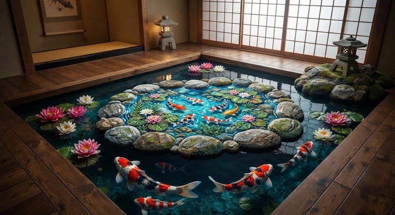 May include: An indoor koi pond featuring a central stone-lined circle filled with vibrant orange, white, and black koi fish swimming among green lily pads and pink water lilies, surrounded by dark wooden flooring and stone lanterns.