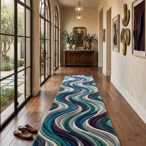 Abstracte loper, kleurrijk golvend vloerkleed, moderne halloper, turquoise, paars, blauwgroen vloerkleed, eigentijdse woondecoratie