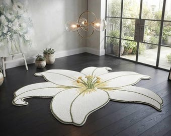 White Lily Flower Shaped Rug, Botanical Living Room Carpet, Plush Bedroom Decor
