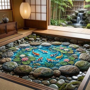 May include: A room featuring a floor-level koi pond design with colorful orange, white, and black fish swimming among green lily pads and pink flowers, surrounded by smooth gray river stones, wooden furniture, and shoji screen doors.
