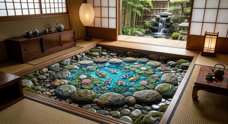 May include: A room featuring a floor-level koi pond design with colorful orange, white, and black fish swimming among green lily pads and pink flowers, surrounded by smooth gray river stones, wooden furniture, and shoji screen doors.