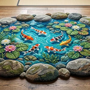 May include: An oval rug featuring a detailed pond scene with five koi fish in orange, white, and black, surrounded by green lily pads, pink and white water lilies, and a border of textured gray and brown stones on a wooden floor surface.