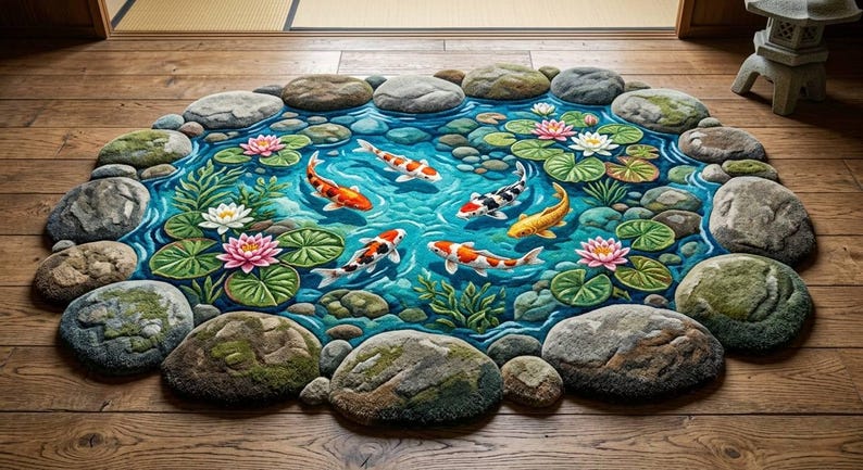 May include: An oval rug featuring a detailed pond scene with five koi fish in orange, white, and black, surrounded by green lily pads, pink and white water lilies, and a border of textured gray and brown stones on a wooden floor surface.