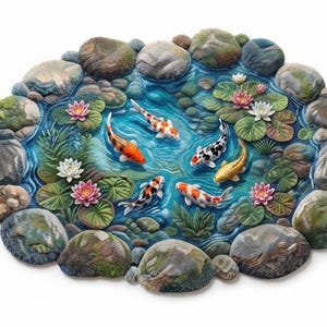 May include: A decorative wall plaque featuring a sculpted pond scene with six koi fish in orange, white, black, and gold. The pond is surrounded by textured gray stones, green lily pads, and blooming pink and white water lilies on blue water.