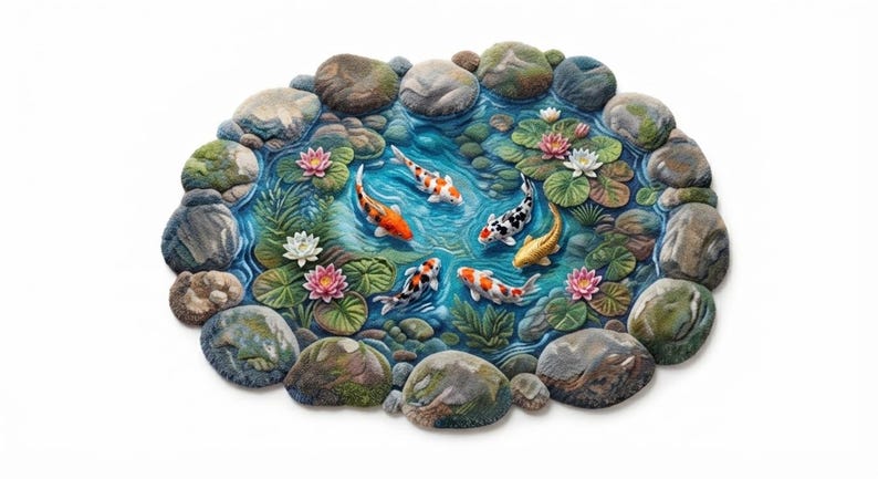 May include: A decorative wall plaque featuring a sculpted pond scene with six koi fish in orange, white, black, and gold. The pond is surrounded by textured gray stones, green lily pads, and blooming pink and white water lilies on blue water.