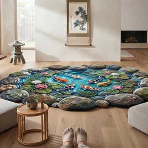 May include: A round area rug featuring a detailed 3D-style print of a koi pond with orange, white, and black fish swimming among green lily pads, pink lotus flowers, and a border of textured gray stones on a light wood floor in a room.