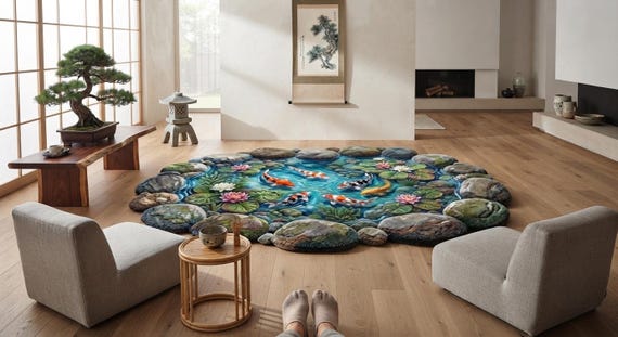 3D Tufted Koi Pond Rug, Japanese Zen Garden Area Rug, Water Lily Lotus Floor Decor Rug