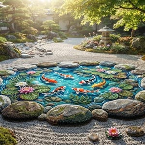 May include: A circular pond feature set within a raked gravel zen garden, containing vibrant orange, white, and black koi fish swimming among green lily pads and pink lotus flowers, all bordered by large, moss-covered grey river stones.