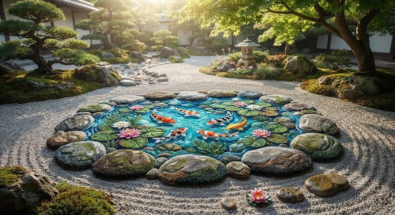 May include: A circular pond feature set within a raked gravel zen garden, containing vibrant orange, white, and black koi fish swimming among green lily pads and pink lotus flowers, all bordered by large, moss-covered grey river stones.