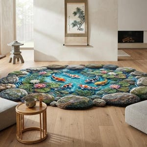 May include: A round area rug featuring a realistic 3D print of a koi pond with orange, white, and black fish swimming among green lily pads, pink lotus flowers, and blue water, all bordered by a textured pattern of grey and brown river stones.