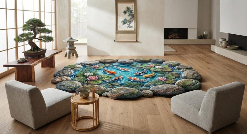 May include: A round area rug featuring a realistic 3D print of a koi pond with orange, white, and black fish swimming among green lily pads, pink lotus flowers, and blue water, all bordered by a textured pattern of grey and brown river stones.