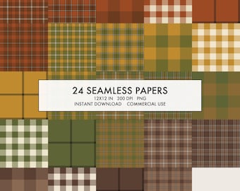 Papel digital de cuadros otoñales, 24 patrones de tartán otoñales sin costuras, cuadros búfalo en óxido, mostaza y oliva, 12x12 pulgadas, PNG de 300 ppp, uso comercial.