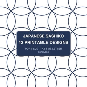 May include: A repeating pattern of dark blue intersecting circles on a white background. A dark blue rectangular label in the center displays the white text: JAPANESE SASHIKO 12 PRINTABLE DESIGNS PDF + SVG A4 & US LETTER FORMVELD.