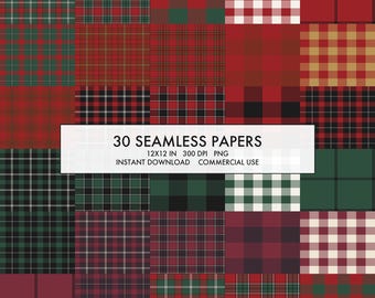 Papel digital navideño a cuadros, 30 patrones de tartán sin costuras, cuadros búfalo, vichy rojo y verde, 12x12 300 DPI PNG, uso comercial.