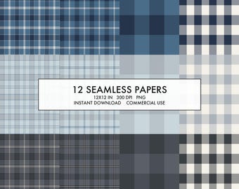 Papel digital de cuadros de invierno, 12 patrones de tartán sin costuras, cuadros búfalo azul grisáceo, 12x12 300 DPI PNG, uso comercial.