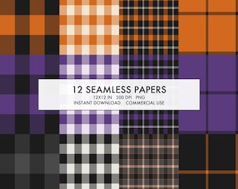 Papel digital a cuadros de Halloween, 12 patrones de tartán naranja, negro y morado sin costuras, cuadros búfalo, 12x12 300 DPI PNG, uso comercial.