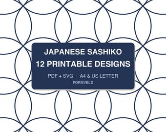 Japanese Sashiko Pattern Book for Visible Mending & Boro, 12 Printable Designs (PDF + SVG)