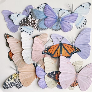 Puede incluir: Una colecci&oacute;n de recortes de papel de mariposas de colores en varios tonos de azul, rosa, morado y naranja. Las mariposas est&aacute;n dispuestas en un grupo, con sus alas superpuestas y creando un efecto de capas.