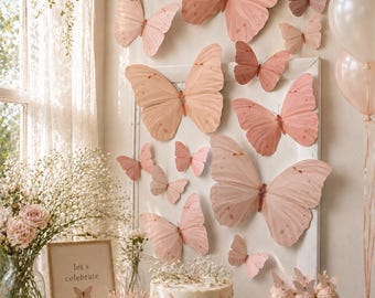Juego de mariposas de papel Goliath con degradado rosa melocotón: decoración caprichosa para paredes y fiestas