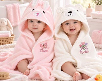 Custom Baby Name Hooded Towel, Embroidered Animal Baby Bath Towel, Newborn Gift, Kids Beach Towel, Baby Shower Gift, First Birthday Gift