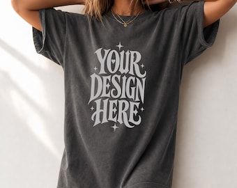Comfort Colors 1717 Pepper Mockup, Oversized Tshirt Dress Mockup, Charcoal Grey Blank Tee Mockup, Model Mockup, 2048x2048 PNG