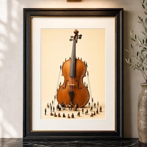 May include: A framed wall art print featuring a large, central wooden cello against a light cream background. Tiny figures are depicted climbing ladders along the sides of the instrument, while a small group of musicians sits at the base.