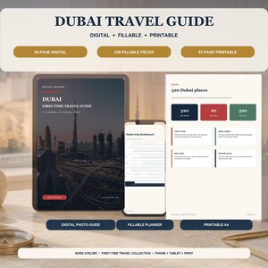 May include: A Dubai travel guide set featuring a digital tablet, a smartphone, and a printable document. The tablet displays a city skyline, the phone shows a trip dashboard, and the document lists 320 places with text in English.