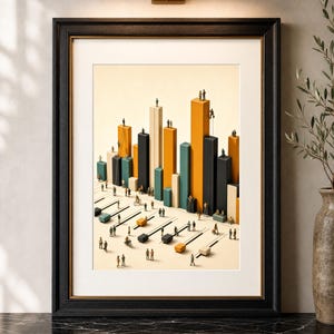 May include: A framed wall art print featuring a three-dimensional bar graph in shades of orange, teal, black, and cream. Tiny figures are depicted interacting with the bars and moving across the base, creating a miniature urban scene.