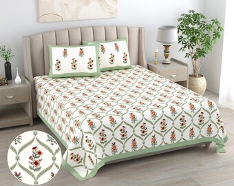 Indian block print bedsheet set, hand printed floral cotton bedding, green & pink botanical quilt and pillow covers, room decor bedsheet |