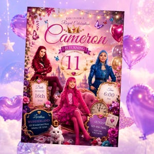May include: A birthday invitation card for Cameron turning 11, featuring three characters in colorful outfits, a white cat, butterflies, and heart-shaped balloons. Text includes Join Us For A Royal Celebration, Date August 16th 2026, Time 6:00 PM, and Location Wonderland.