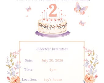 Invitación de cumpleaños con dos mariposas / Plantilla de Canva para niña de 2 años en tonos pastel (descarga instantánea)