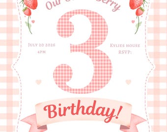Invitación de cumpleaños número 3 de Sweet Berry / Plantilla de Canva de cuadros vichy rosa fresa (Descarga digital)