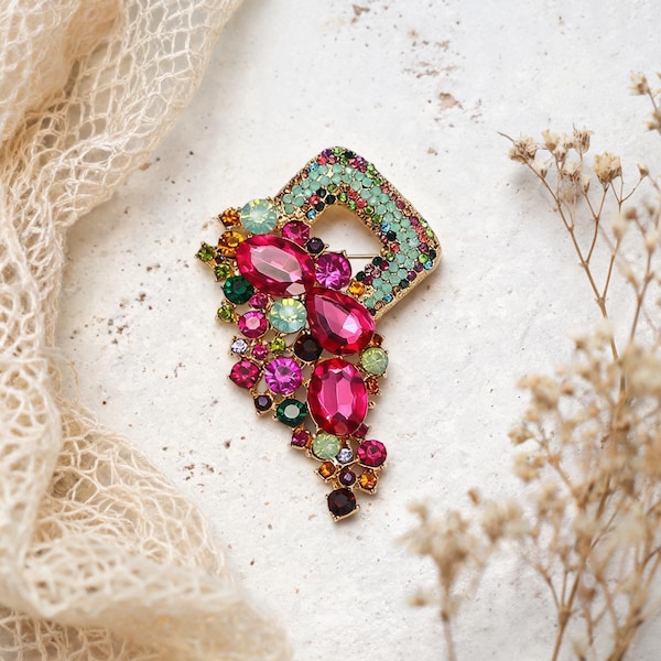 Multicolor Rhinestone Brooch, Fuchsia Pink Crystal Cascade Pin, Jewel Tone Statement Jewelry