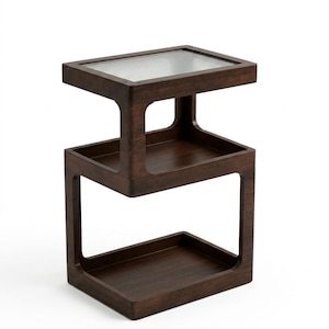 May include: A dark brown wooden side table featuring three rectangular tiers. The top tier is inset with a clear, vertically ribbed glass panel. The structure consists of two open, interconnected frames that create three distinct storage surfaces.