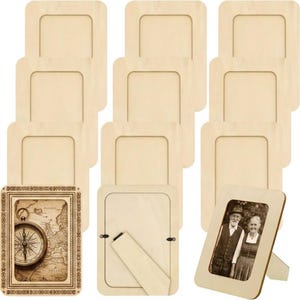 May include: A collection of light-colored wooden picture frames, some blank and others featuring printed inserts. One frame displays a vintage compass on a map, while another shows a black and white photograph of two people in traditional attire.