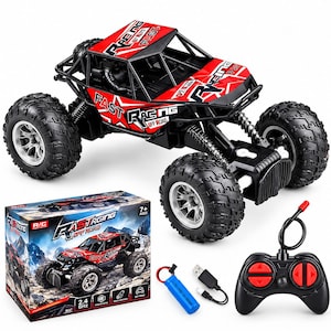 May include: A red and black remote-controlled off-road truck with large treaded tyres, a roll cage, and the text "FAST RACING OFF ROAD" on the body. Includes a matching box, a blue rechargeable battery, a USB charging cable, and a black remote controller.
