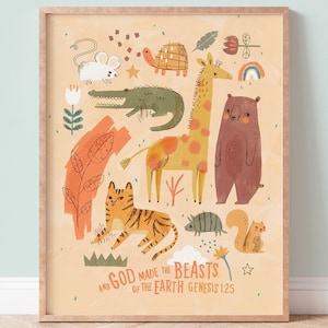 ANIMAUX de la TERRE-Affiche verset bible illustré, déco chambre enfant, salle de jeux, cadeau naissance-Anglais ou Français