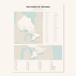 May include: A cream-coloured poster titled THE PARKS OF ONTARIO, A COMPLETION MAP. It features two maps of Ontario with circular markers for tracking park visits, accompanied by lists of park names with checkboxes for marking off completed locations.