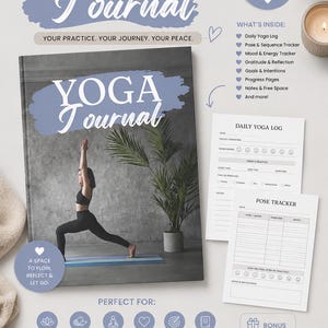 Könnte beinhalten: Ein digitales Yoga-Journal-Set zum Ausdrucken mit einem Cover, das eine Person in einer Ausfallschritt-Pose zeigt, sowie täglichen Protokoll- und Posen-Tracker-Seiten. Der Text umfasst REFLECT, PRACTICE, GROW, TRANSFORM, YOGA JOURNAL und WHAT'S INSIDE.