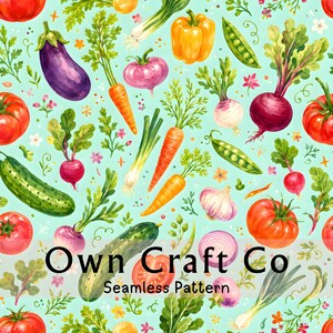 May include: A seamless pattern on a light blue background featuring watercolor illustrations of various vegetables including tomatoes, carrots, eggplants, bell peppers, radishes, cucumbers, peas, garlic, and onions with the text Own Craft Co.