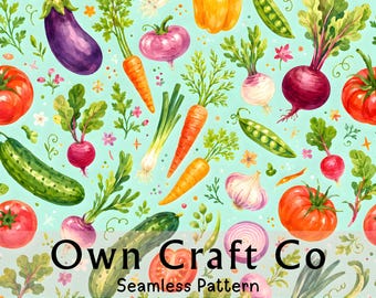 Watercolor Vegetable Seamless Pattern, Colorful Garden Produce Digital Paper, Farmers Market Textile Print, Kitchen Textile Crafts and Decor