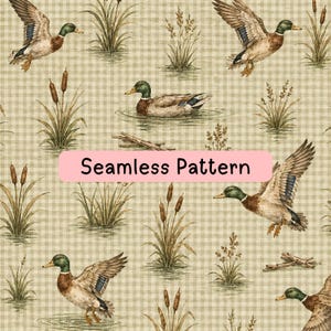 May include: A seamless pattern featuring mallard ducks in flight and swimming, interspersed with cattails and tall grasses against a light beige and tan checkered background. The text Seamless Pattern is centered in a pink rectangular overlay.