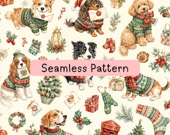 Christmas Dogs Seamless Pattern, Vintage Holiday Pets Digital Paper, Festive Puppy Sweaters, Fabric Print and Sublimation, 2 Scale JPG Files