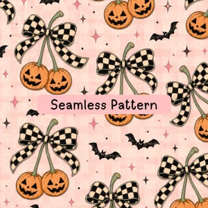 May include: A seamless pattern featuring orange jack-o'-lanterns shaped like cherries, paired with black and white checkered bows. The background is a light pink plaid with small black bats and pink and black four-pointed stars scattered throughout.