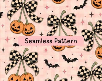 Pumpkin Cherry Seamless Pattern, Coquette Halloween Digital Paper, Checkerboard Bows and Bats Fabric Print, Sublimation, Two Scale JPG Files