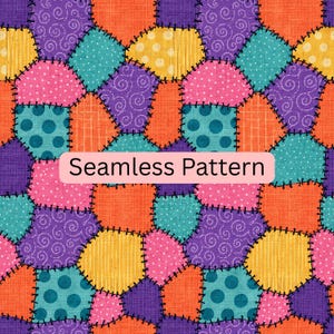 Könnte beinhalten: Ein nahtloses Muster mit einem Patchwork-Design aus unregelmäßigen Formen in Lila, Orange, Gelb, Pink und Türkis. Die Formen zeigen verschiedene Texturen wie Spiralen, Punkte und vertikale Linien, die alle mit schwarzen Stichrändern versehen sind.